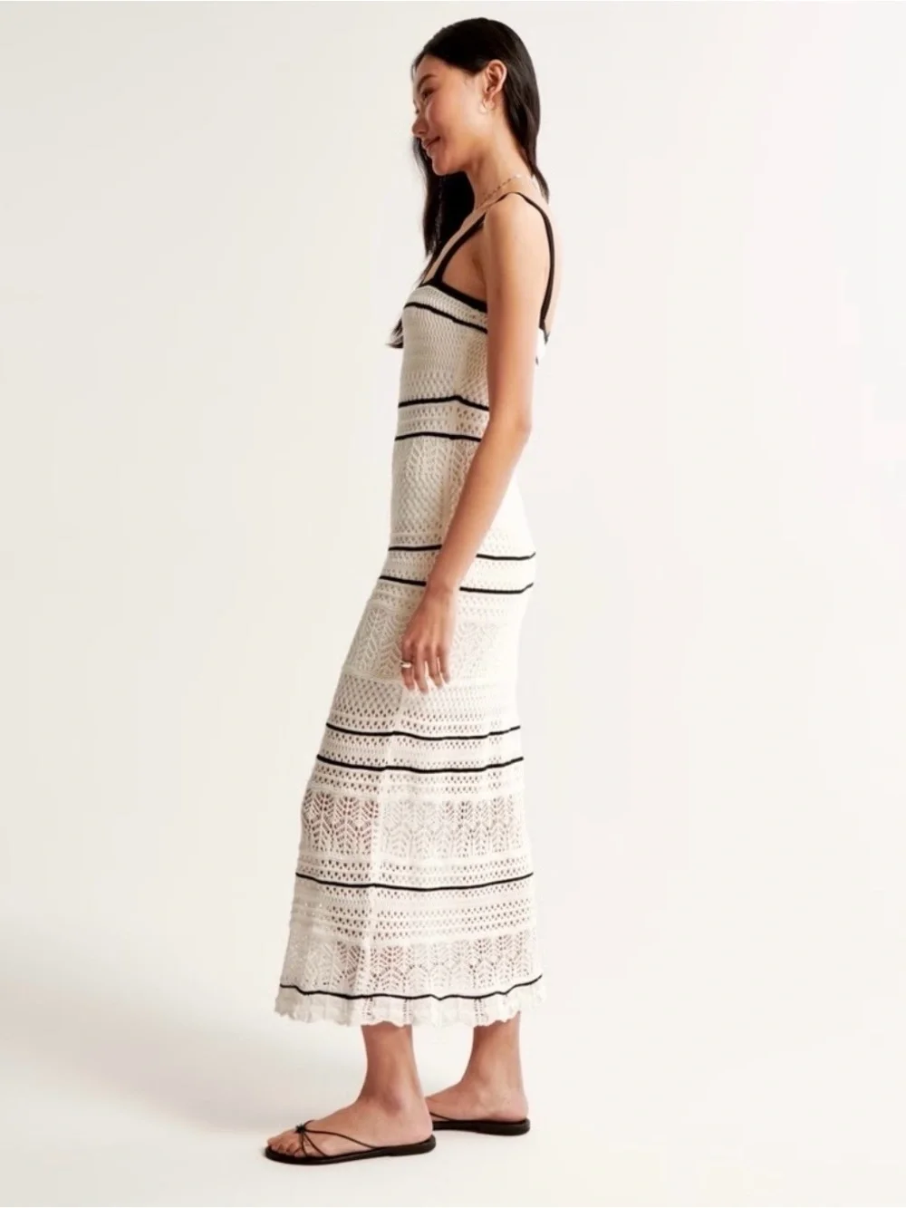 Abercrombie Crochet Knit Maxi Dress Cream Black Trim Boho NWT XXS